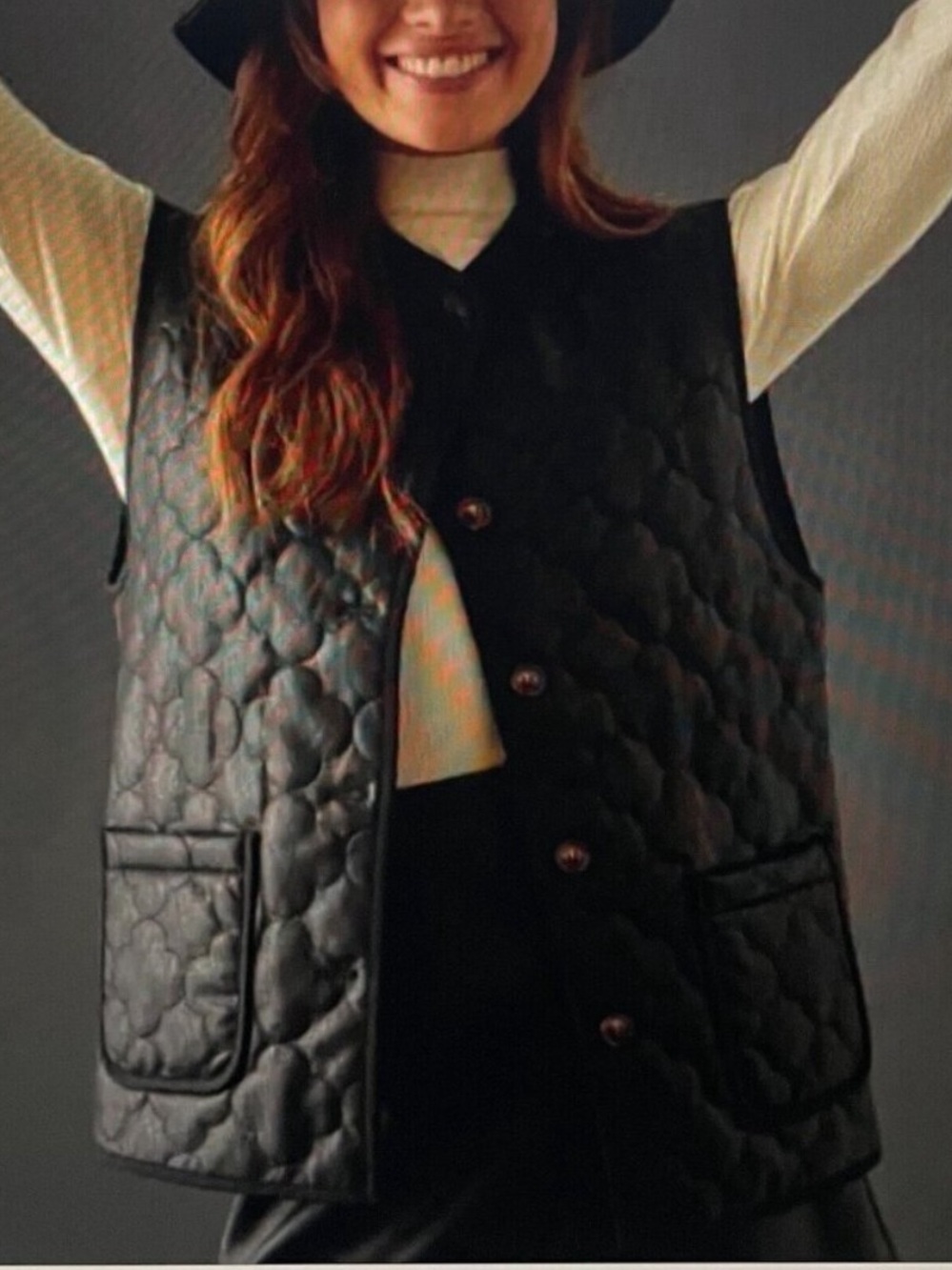 Anthropologie FRNCH Paris Gisette Black Faux Leather Quilted Vest Size OS
